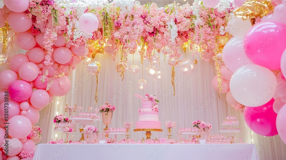Luxurious Pink Baby Shower with Floral Canopy, Fairy Lights, and Elegant Décor in Dreamy Cinematic Lighting Luxurious Pink Baby Shower with Floral Canopy, Fairy Lights, and Elegant Décor in Dreamy Cinematic Lighting