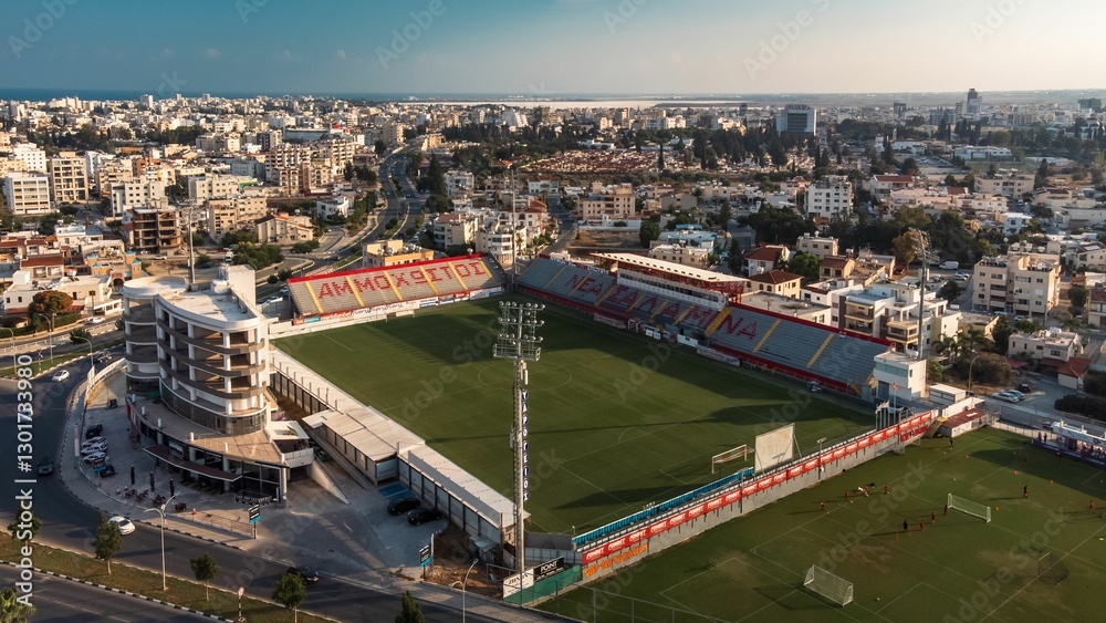 Obraz premium Aerial view of a football stadium in Larnaca, Cyprus.