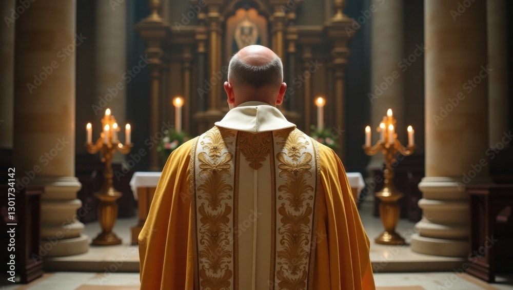 Naklejka premium Obispo católico con una túnica dorada, de pie ante un altar en una gran catedral, visto desde atrás