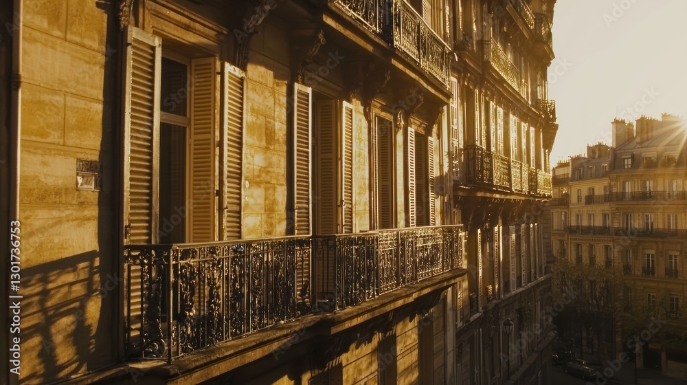 Obraz premium Parisian apartment building at sunset, sun rays illuminating facade, balconies, shutters.