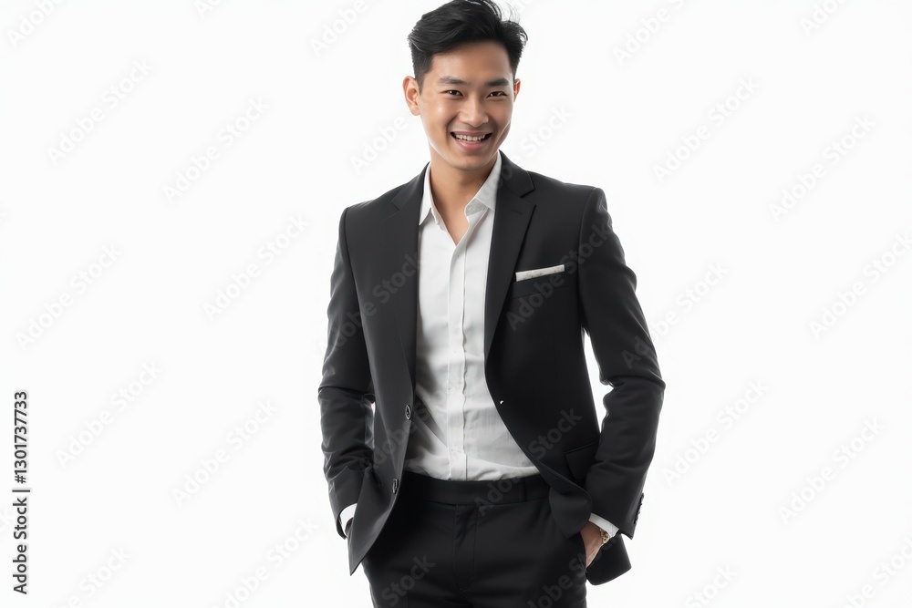 Half-Length (Waist-Up) portrait of young stylish smiling Cambodian male model in formal wear isolated on pure white background looking at camera Half-Length (Waist-Up) portrait of young stylish smiling Cambodian male model in formal wear isolated on pure white background looking at camera