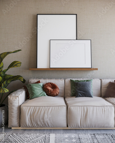 Mockup para dos cuadros traslapados sobre una repisa en pared, en un sala acogedora, 3d render