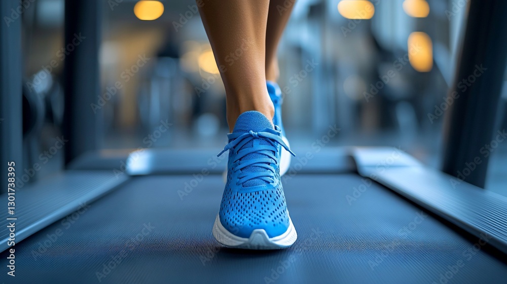 Fototapeta premium Close-up of female feet in blue running shoes on a treadmill.