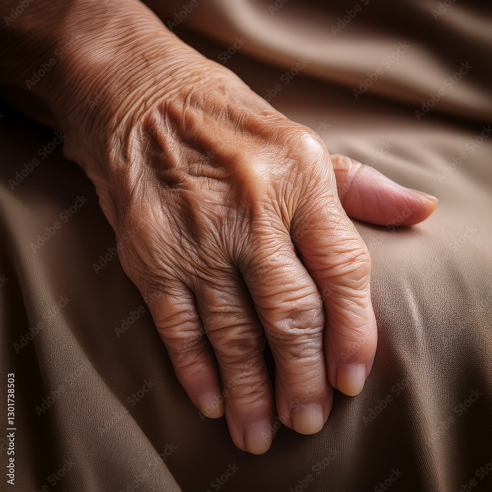 Fototapeta premium A poignant close-up of an elderly person's hand, with visible wrinkles, veins, and age spots, showcasing the passage of time and the beauty of aging. 