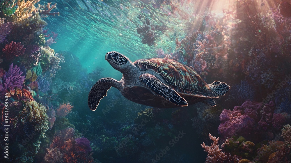 Fototapeta premium Endangered Hawksbill Sea Turtle Swimming Through Vibrant Coral Reef with Sunlight Beams and Photorealistic Detail