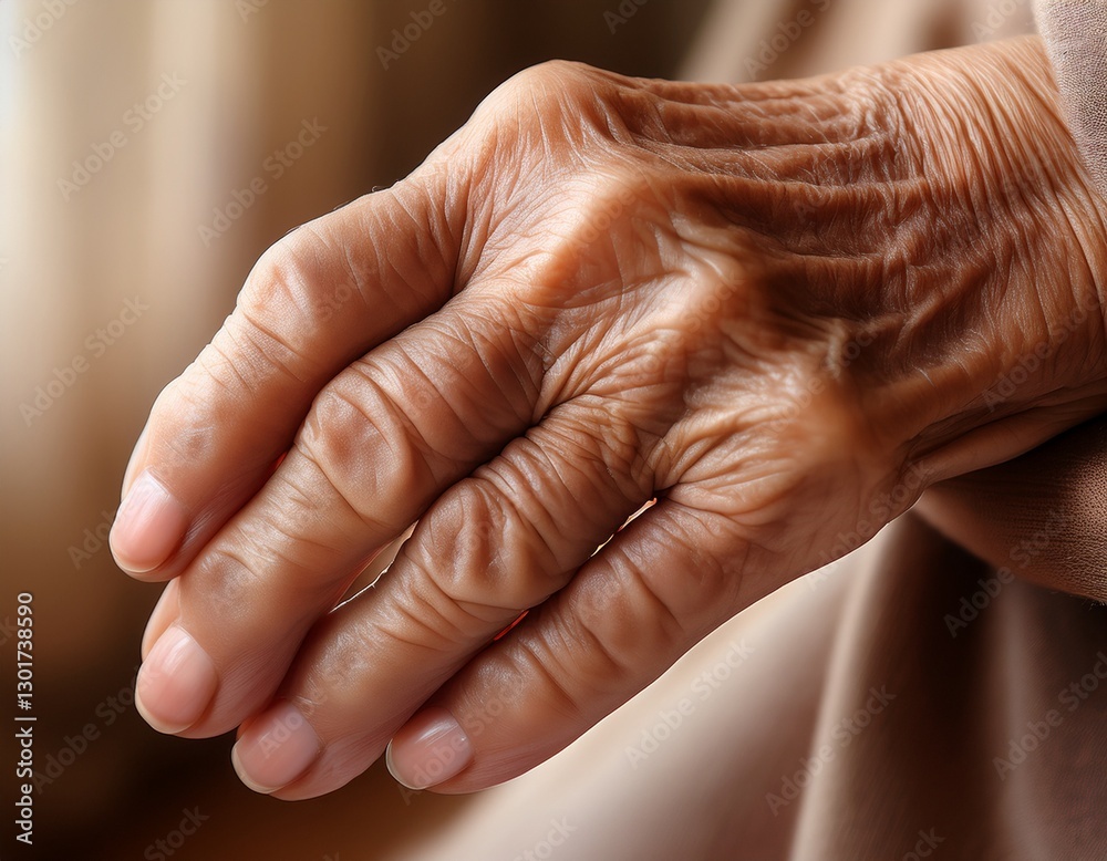 Fototapeta premium A poignant close-up of an elderly person's hand, with visible wrinkles, veins, and age spots, showcasing the passage of time and the beauty of aging.