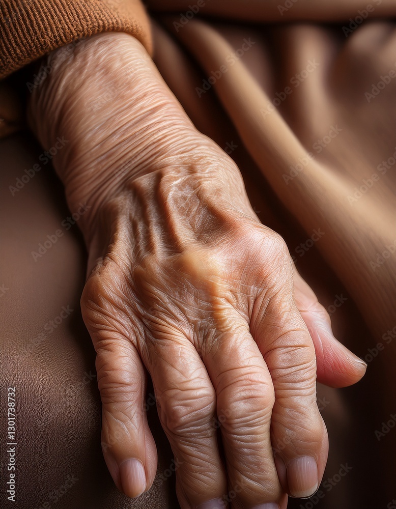 Fototapeta premium A poignant close-up of an elderly person's hand, with visible wrinkles, veins, and age spots, showcasing the passage of time and the beauty of aging.