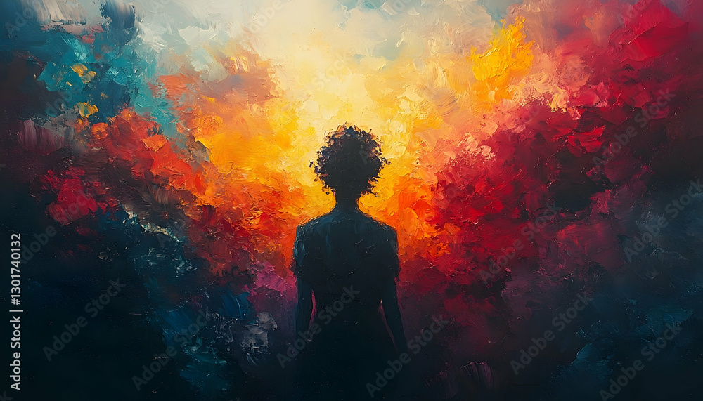 Abstract figure gazing into vibrant color explosion painting design Abstract figure gazing into vibrant color explosion painting design
