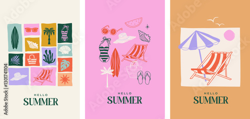 Summer backgrounds, pattern, cards, banner templates. Hand drawn modern illustrations, doodles with sea shells, surf boards, beach chair, swimsuit and flip flops elements