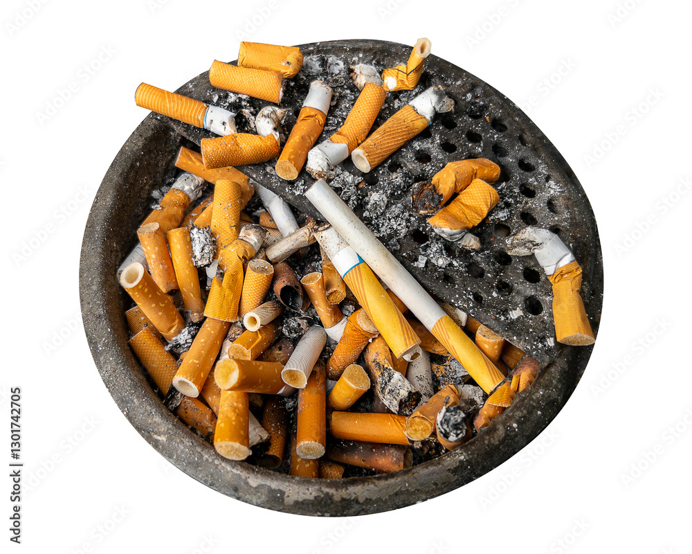 Cigarette butts in overloaded ashtray cut out. Concept of cause of disease and cancer from smoking Cigarette butts in overloaded ashtray cut out. Concept of cause of disease and cancer from smoking