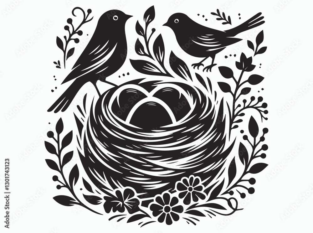 Obraz premium Modern Black Silhouette of Birds with Nest and Eggs for Stylish and Elegant Designs