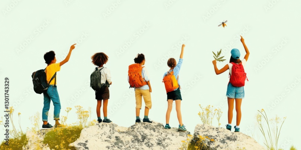 Obraz premium Adventurous children joyfully exploring the wonders of nature together, discovering new experiences