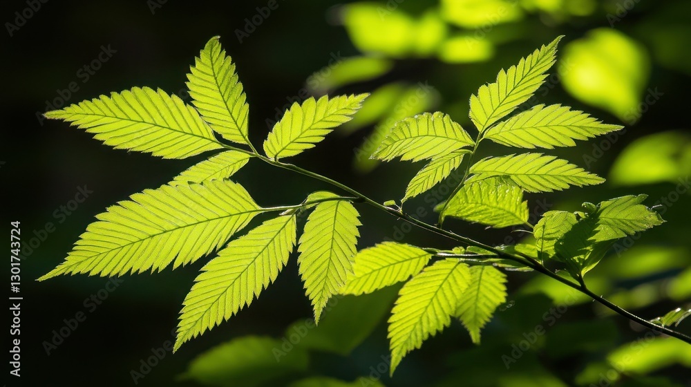 Sunlit green leaves branch, forest backdrop, nature photography, spring Sunlit green leaves branch, forest backdrop, nature photography, spring