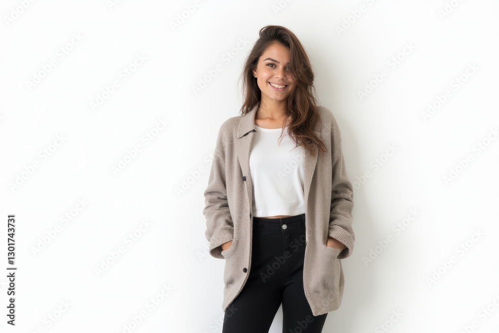 Half-Length (Waist-Up) portrait of young stylish smiling Canadian female model in emo wear isolated on pure white background looking at camera Half-Length (Waist-Up) portrait of young stylish smiling Canadian female model in emo wear isolated on pure white background looking at camera