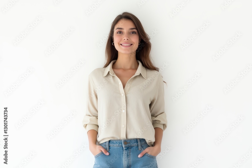 Obraz premium Half-Length (Waist-Up) portrait of young stylish smiling Canadian female model in preppy wear isolated on pure white background looking at camera