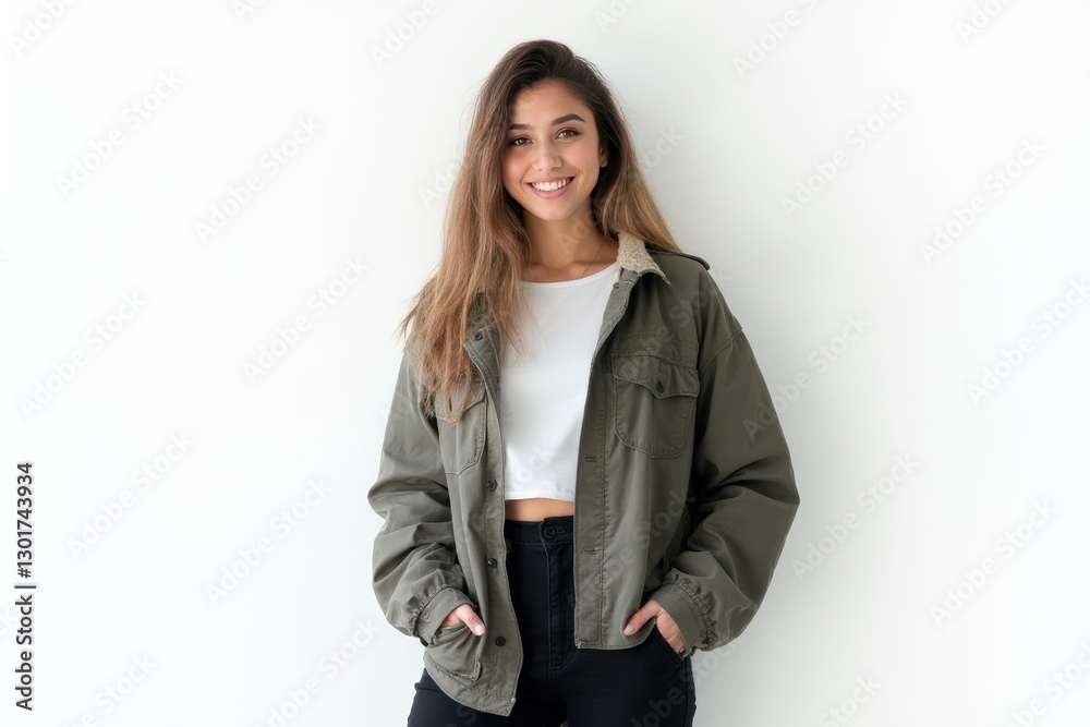 Half-Length (Waist-Up) portrait of young stylish smiling Canadian female model in cyberpunk wear isolated on pure white background looking at camera Half-Length (Waist-Up) portrait of young stylish smiling Canadian female model in cyberpunk wear isolated on pure white background looking at camera