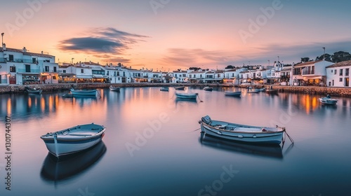 Calm sunset over harbor with boats.