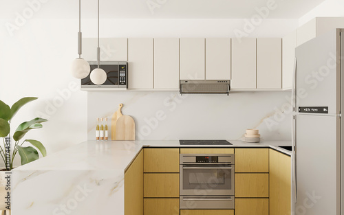 Cocina moderna en departamento pequeño, 3d render