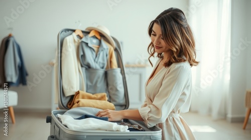 Generative AI. a graceful, elegant person with refined features  packing a suitcase in a bright
