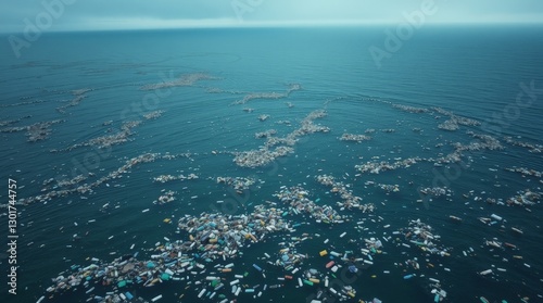 Generative AI. Aerial view of a polluted ocean with plastic waste, dark murky water, and overcast sky