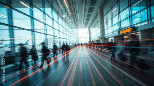 Generative AI. An extreme macro close-up long-exposure photograph of a busy airport terminal, capturing motion trails. 