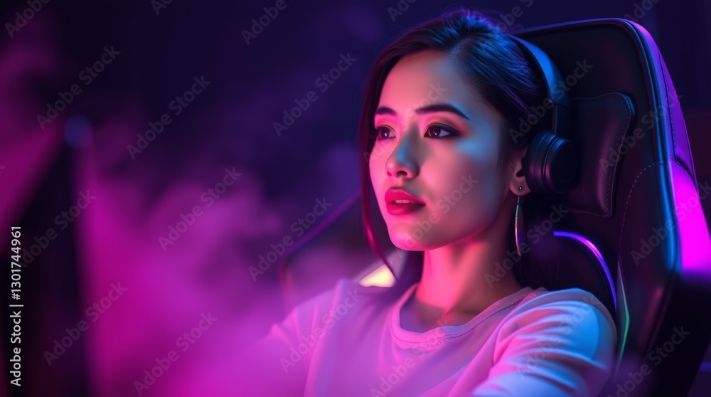 Generative AI. Professional esports player in a dark room, sitting in a high-tech gaming chair illuminated Generative AI. Professional esports player in a dark room, sitting in a high-tech gaming chair illuminated