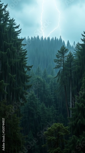 Generative AI. A gracefully elegant stormy forest scene with a distinct split. Heavy rain, strong winds, dramatic lightning.