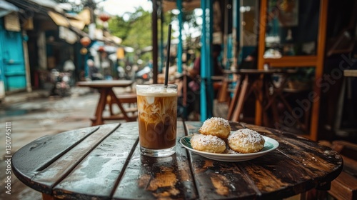 Iced coffee and pastries on rustic table at outdoor cafe.