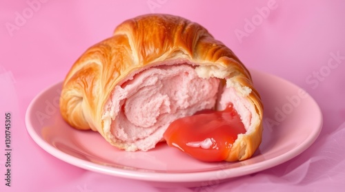 Generative AI.  A flaky pink croissant with buttery pink texture and pink jam on a pastel pink plate