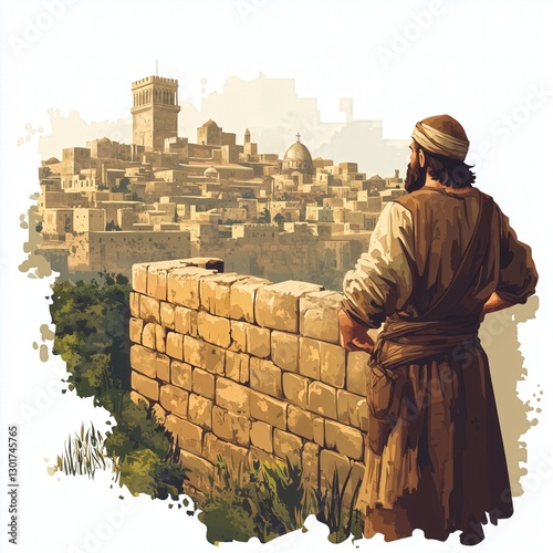 Vector Illustration: Nehemiah Rebuilding Jerusalem's Walls - Sticker Logo Style, Clean White Background