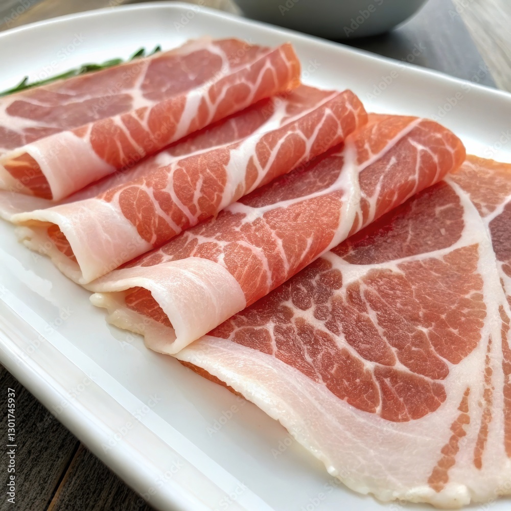 Thinly sliced pork belly on white plate with herbs Thinly sliced pork belly on white plate with herbs