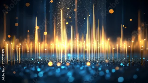 A vibrant digital representation of sound waves with sparkling lights and colors.