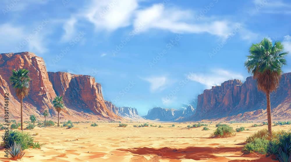 A vast desert landscape with rocky formations and sparse vegetation under a bright blue sky. Seamless looping 4k video background 