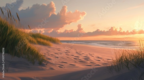 Serene sunset beach scene with footprints in sand dunes and seagrass.