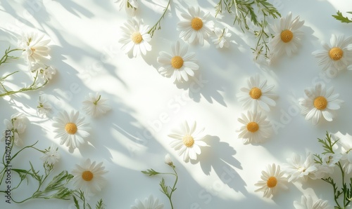 Artistic flat lay of daisies scattered across a smooth white background, sunlight casting soft shadows creating a fresh and delicate floral composition