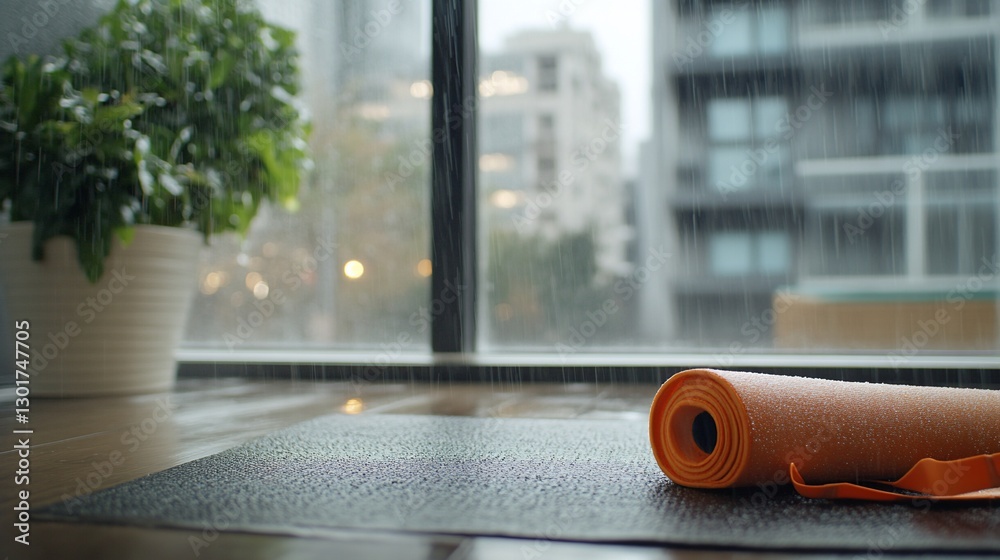 Rainy city view, yoga mat, indoor workout