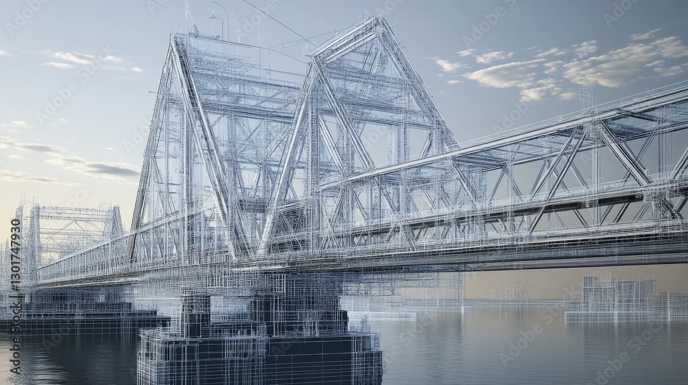 Fototapeta premium A D-rendered digital blueprint of a bridge spanning a vast river, showing elevation and cross-section details.
