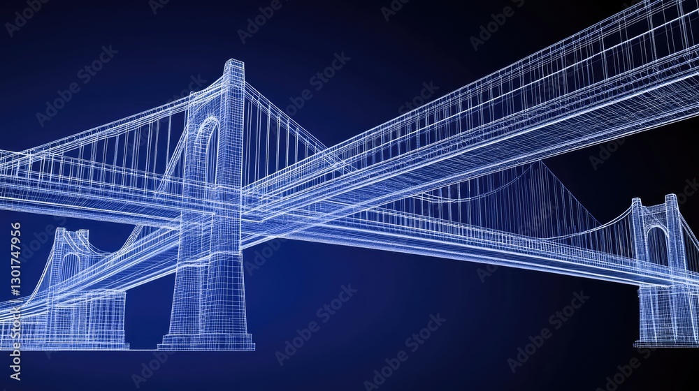 Obraz premium A D-rendered digital blueprint of a bridge spanning a vast river, showing elevation and cross-section details.
