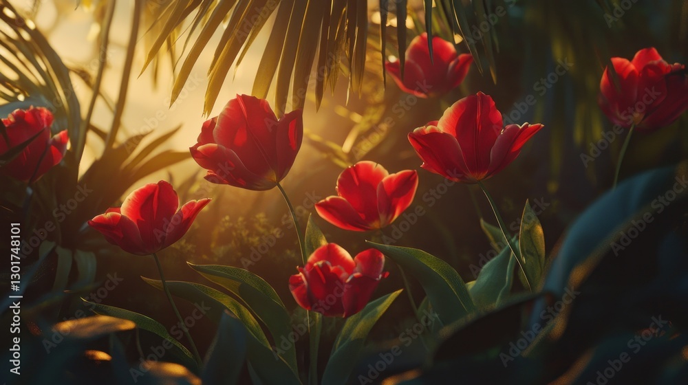 Obraz premium Red tulips backlit by warm sunset light amongst tropical foliage.