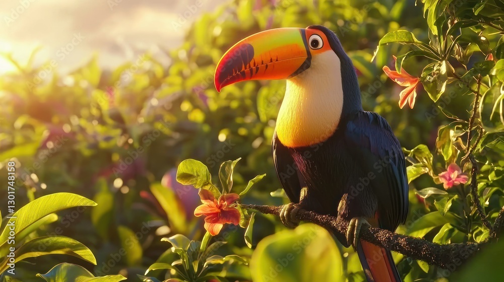 Fototapeta premium Colorful toucan perched on a branch in lush tropical foliage at sunset.