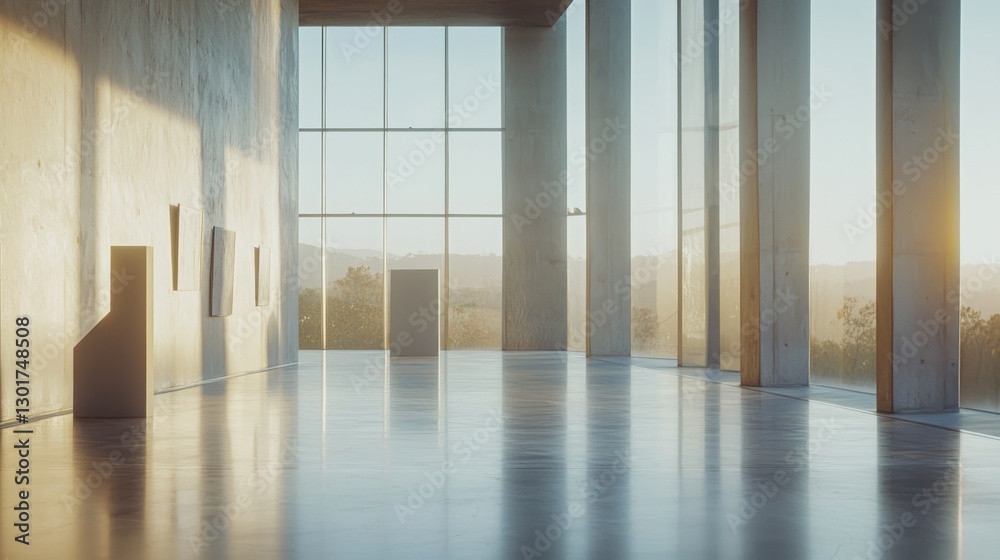 Fototapeta premium Sunlit modern gallery interior with scenic view.
