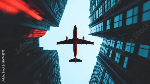 An overhead view of a plane flying over skyscrapers buildings