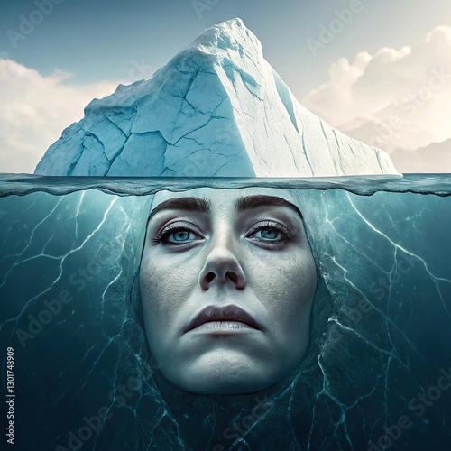 Human face partially frozen inside an iceberg. Above water, calm eyes gaze forward, while below, the submerged face is encased in cracked ice, symbolizing hidden emotions.