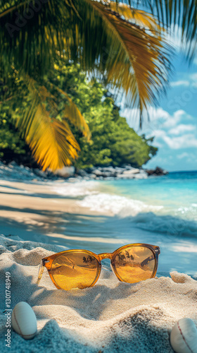 Sunglasses resting on sandy beach with palm trees and ocean waves