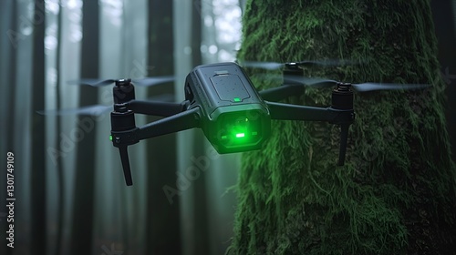 Drone flying in a foggy forest photo