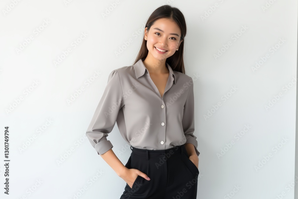 Half-Length (Waist-Up) portrait of young stylish smiling Chilean female model in formal wear isolated on pure white background looking at camera Half-Length (Waist-Up) portrait of young stylish smiling Chilean female model in formal wear isolated on pure white background looking at camera