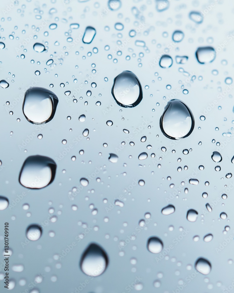 Close-up of water droplets on a smooth glass surface with a soft blue background. Close-up of water droplets on a smooth glass surface with a soft blue background.