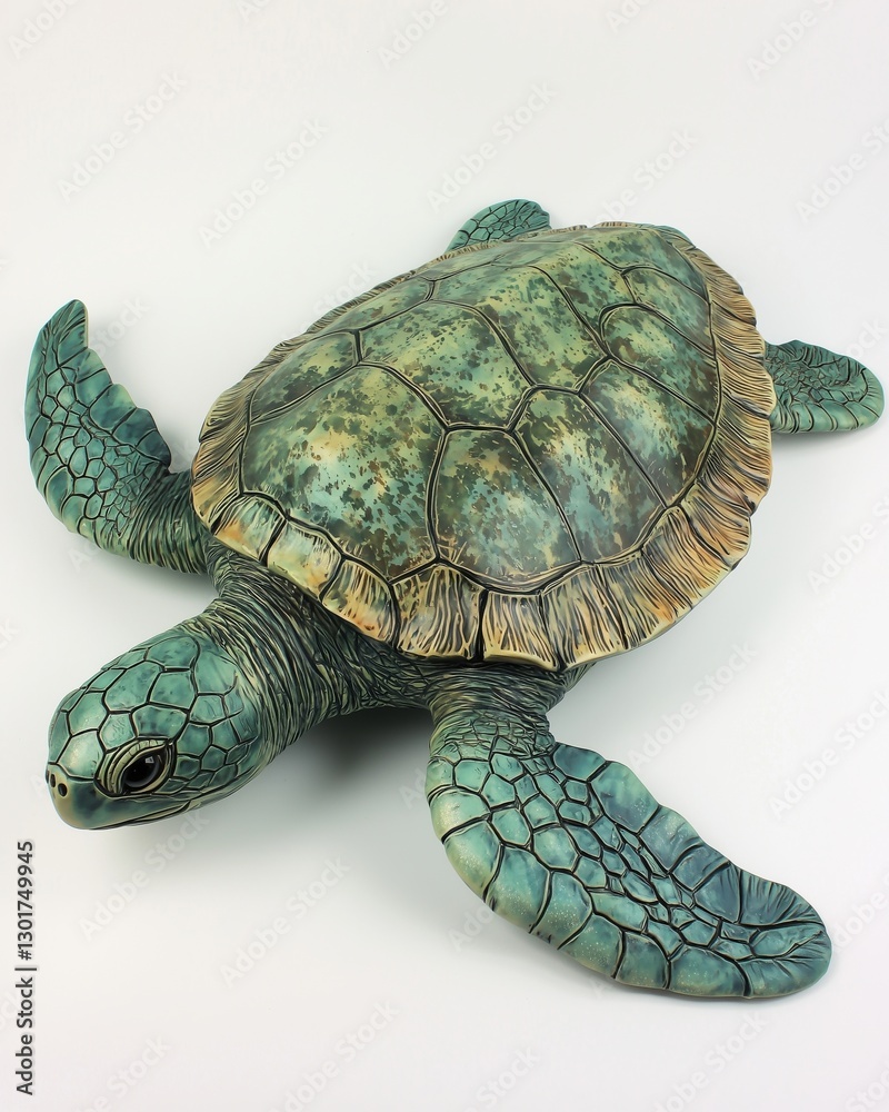Fototapeta premium A beautifully crafted sea turtle sculpture in shades of green and brown, showcasing intricate details.