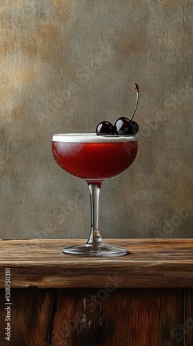 Classic cherry manhattan cocktail in elegant glass on rustic wooden table