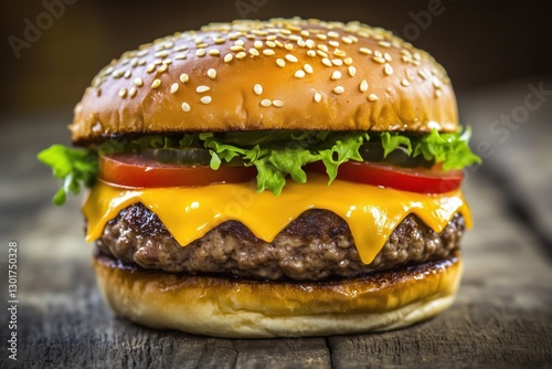 A delicious cheeseburger with lettuce, tomato, and melted cheese on a sesame seed bun.